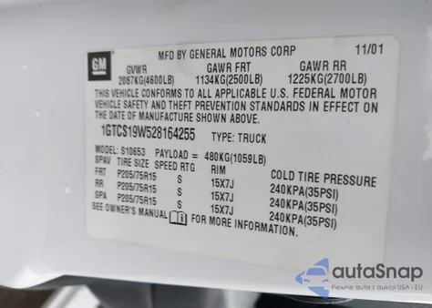 2002 GMC Sonoma Sl z USA, uszkodzony, nr VIN 1GTCS19W528164255